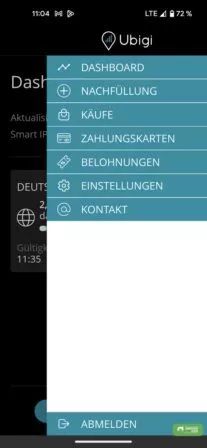 Menü der Ubigi eSIM App