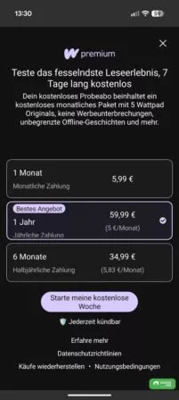 Wattpad Premium abonnieren, 7 Tage gratis testen