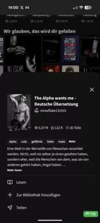 Weitere Aktionen öffnen sich, wenn du das Buchcover gedrückt hältst