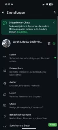 WhatsApp mit einem Hinweis auf die Integration von Drittanbieter Chats