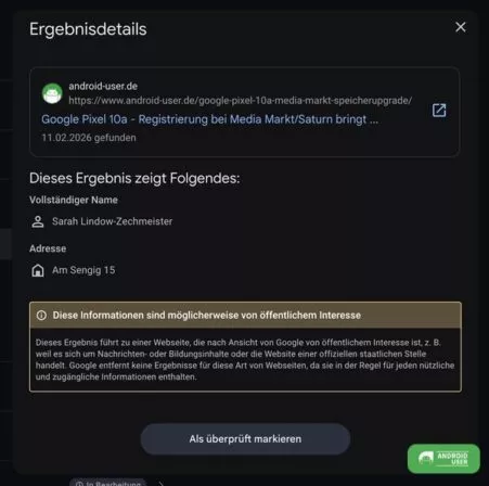 Bei öffentlichen Webseiten kannst du keine Entfernung deiner Kontaktdaten beantragen