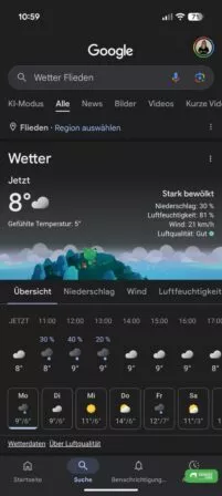 Google Wetter App, Ansicht über Google App Neu