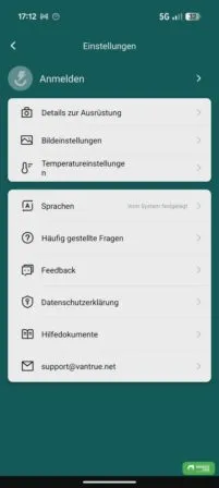 Einstellungen der Vantrue Thermal App