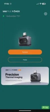 Die Startoberfläche der Vantrue Thermal App