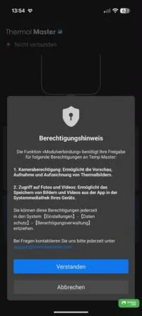Berechtigung für die Wärmebildkamera muss vergeben werden