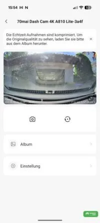 Die Startseite der 70mai App zeigt ein Standbild der Dashcam Aufnahme