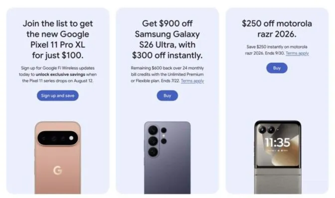 Pixel 11 auf der Google Fi Website